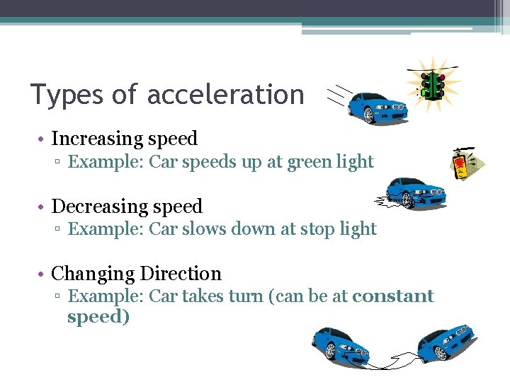 Types of acceleration • Increasing speed ▫ Example: Car speeds up at green light