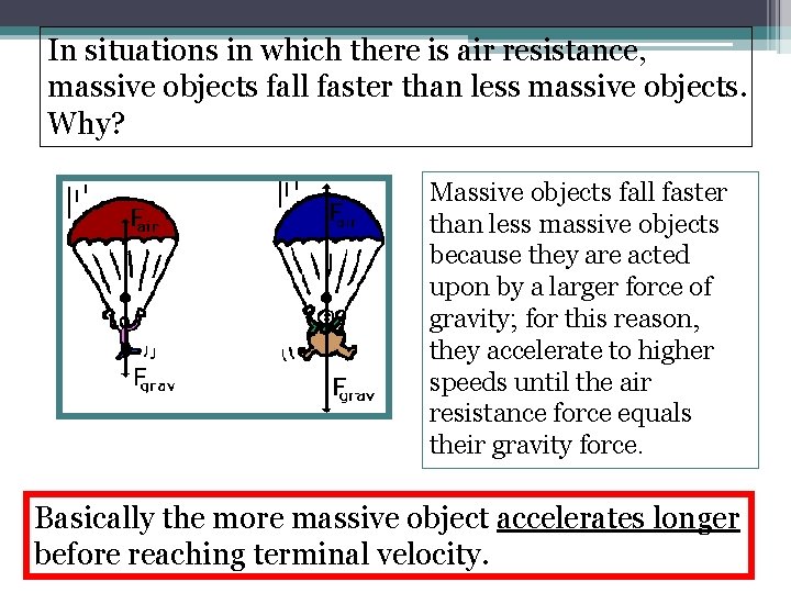 In situations in which there is air resistance, massive objects fall faster than less