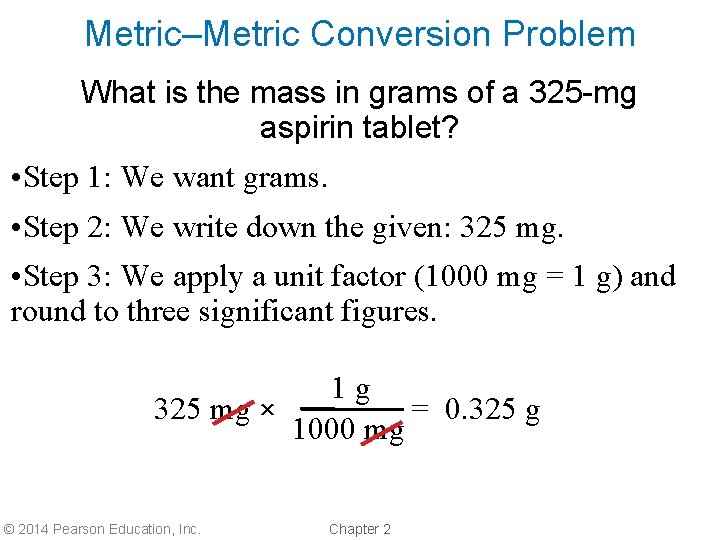 Metric–Metric Conversion Problem What is the mass in grams of a 325 -mg aspirin