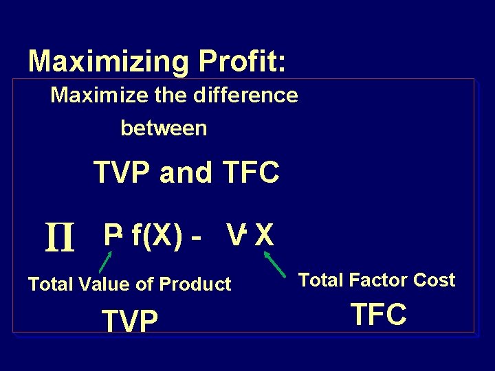 Maximizing Profit: Maximize the difference between TVP and TFC. . P f(X) - V