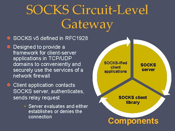 SOCKS Circuit-Level Gateway SOCKS v 5 defined in RFC 1928 Designed to provide a