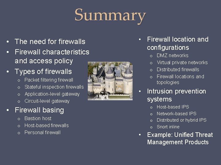 Summary • The need for firewalls • Firewall characteristics and access policy • Types