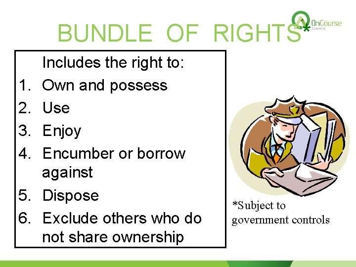 BUNDLE OF RIGHTS* 1. 2. 3. 4. 5. 6. Includes the right to: Own