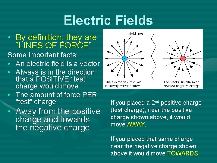 Electric Fields • By definition, they are “LINES OF FORCE” Some important facts: •
