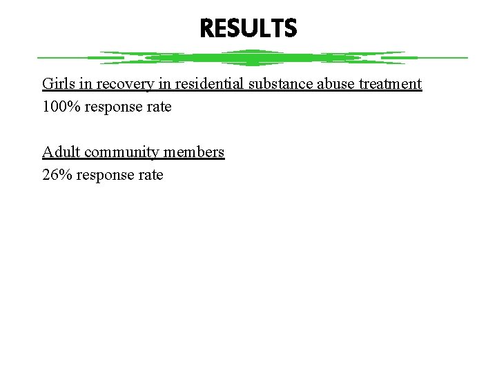RESULTS Girls in recovery in residential substance abuse treatment 100% response rate Adult community