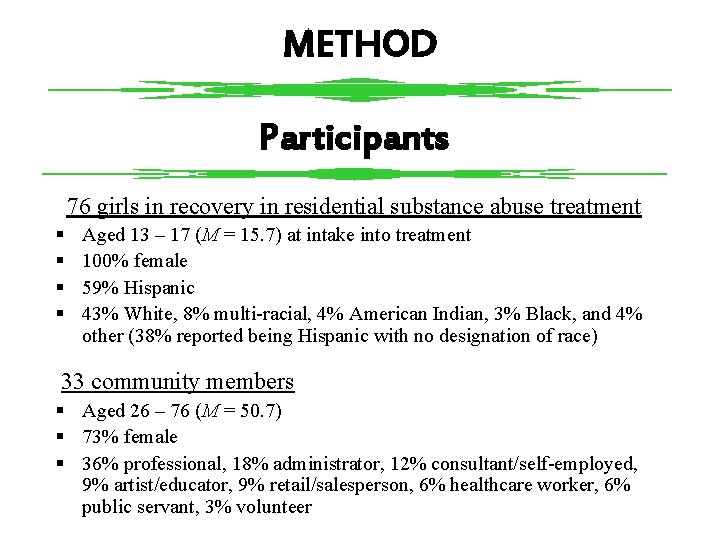 METHOD Participants 76 girls in recovery in residential substance abuse treatment § § Aged