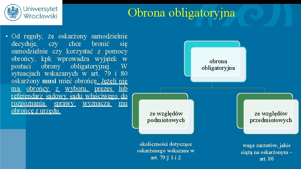 Obrona obligatoryjna • Od reguły, że oskarżony samodzielnie decyduje, czy chce bronić się samodzielnie
