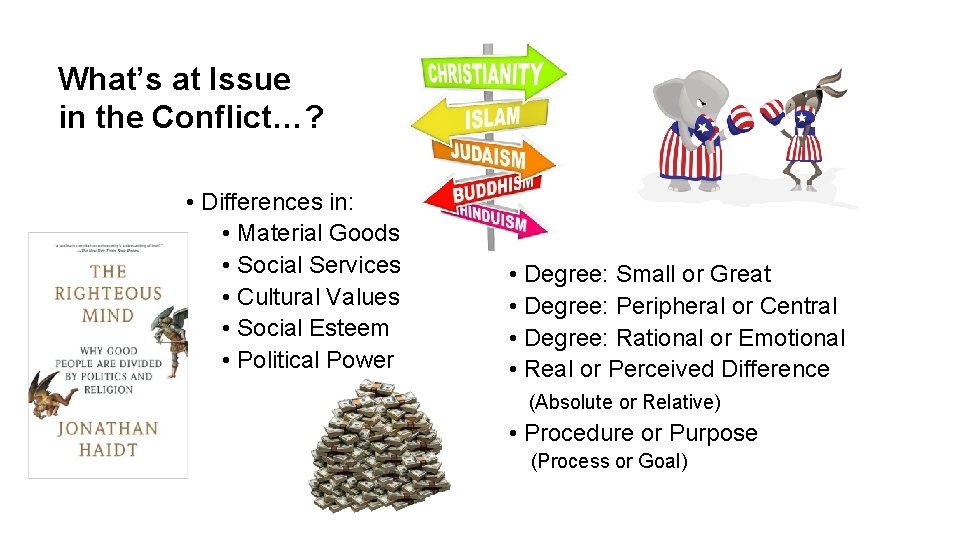 What’s at Issue in the Conflict…? • Differences in: • Material Goods • Social