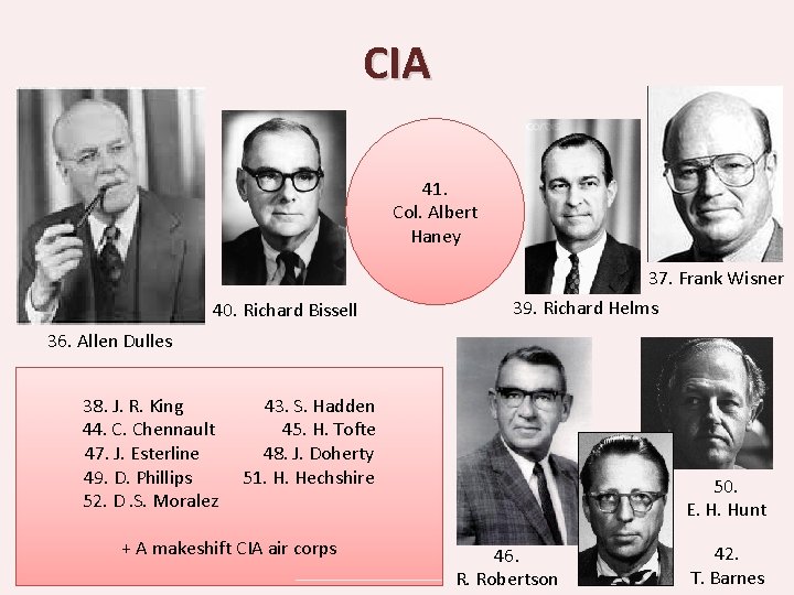 CIA 41. Col. Albert Haney 37. Frank Wisner 40. Richard Bissell 39. Richard Helms