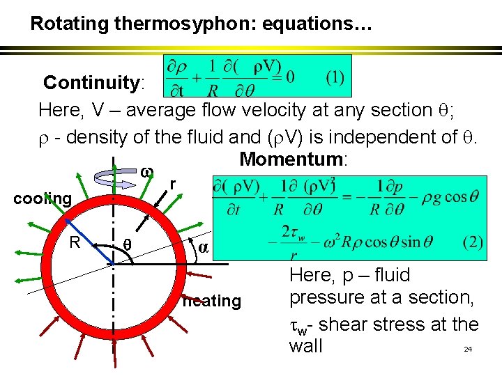 Rotating thermosyphon: equations… Continuity: Here, V – average flow velocity at any section ;