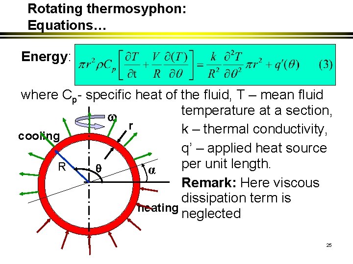 Rotating thermosyphon: Equations… Energy: where Cp- specific heat of the fluid, T – mean