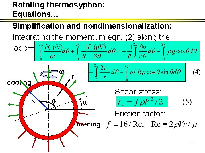Rotating thermosyphon: Equations… Simplification and nondimensionalization: Integrating the momentum eqn. (2) along the loop