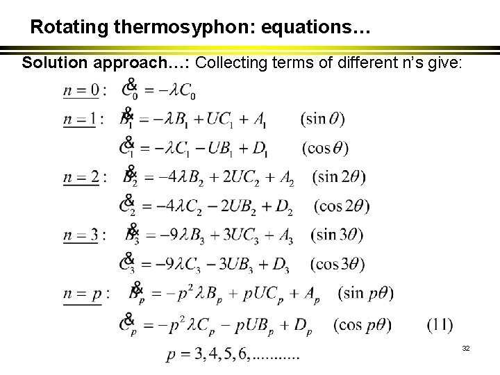 Rotating thermosyphon: equations… Solution approach…: Collecting terms of different n’s give: 32 