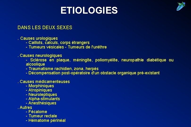 ETIOLOGIES DANS LES DEUX SEXES. Causes urologiques - Caillots, calculs, corps étrangers - Tumeurs