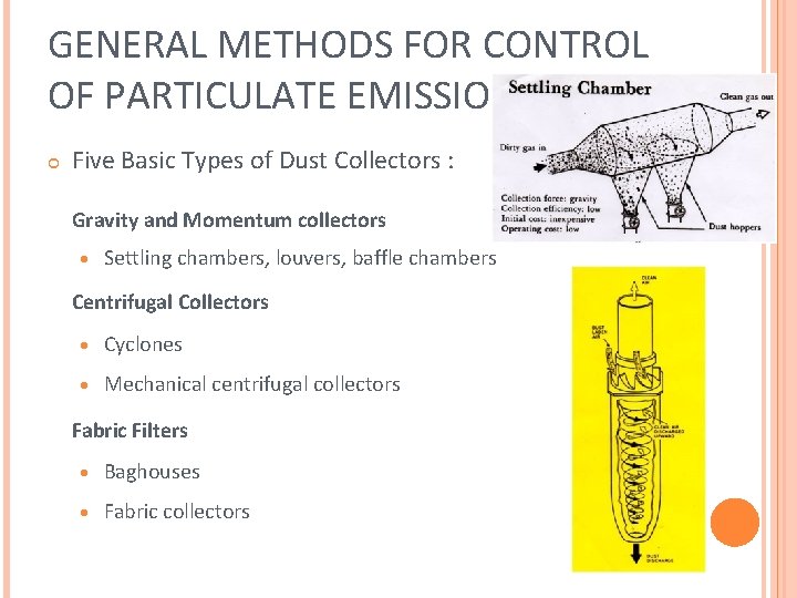 GENERAL METHODS FOR CONTROL OF PARTICULATE EMISSIONS Five Basic Types of Dust Collectors :