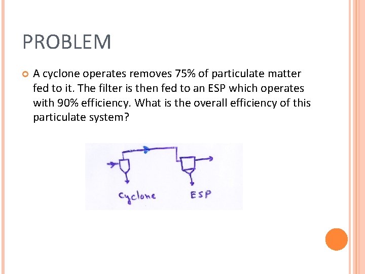 PROBLEM A cyclone operates removes 75% of particulate matter fed to it. The filter