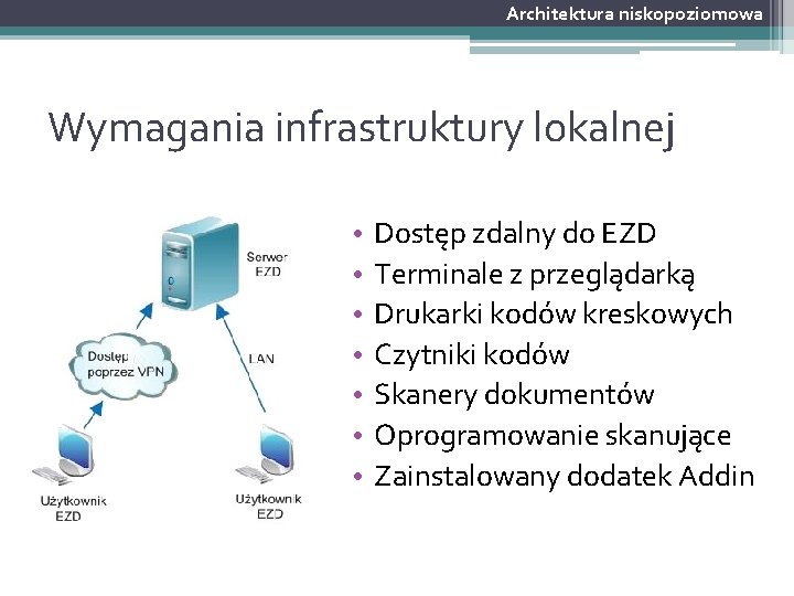 Architektura niskopoziomowa Wymagania infrastruktury lokalnej • • Dostęp zdalny do EZD Terminale z przeglądarką