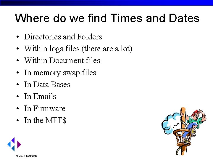 Where do we find Times and Dates • • Directories and Folders Within logs