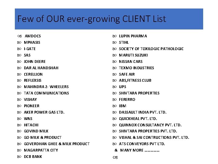 Few of OUR ever-growing CLIENT List AMDOCS MPHASIS I-GATE SAS JOHN DEERE DAR AL Few of OUR ever-growing CLIENT List AMDOCS MPHASIS I-GATE SAS JOHN DEERE DAR AL