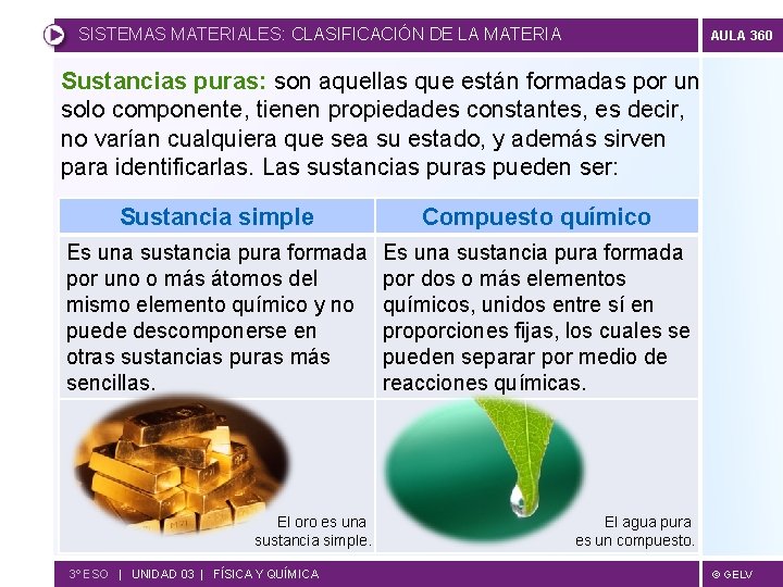 SISTEMAS MATERIALES: CLASIFICACIÓN DE LA MATERIA AULA 360 Sustancias puras: son aquellas que están