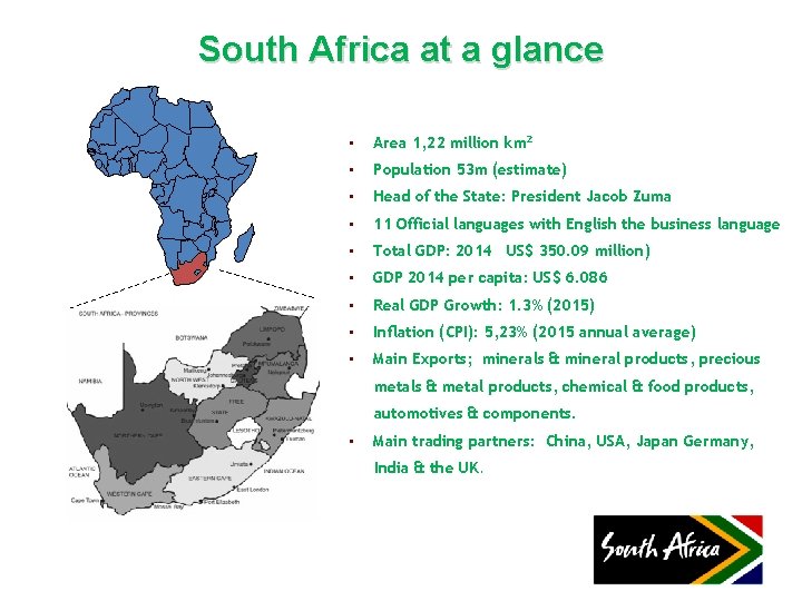 South Africa at a glance • Area 1, 22 million km 2 • Population