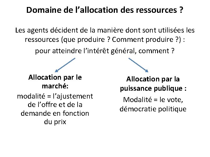 Domaine de l’allocation des ressources ? Les agents décident de la manière dont sont Domaine de l’allocation des ressources ? Les agents décident de la manière dont sont