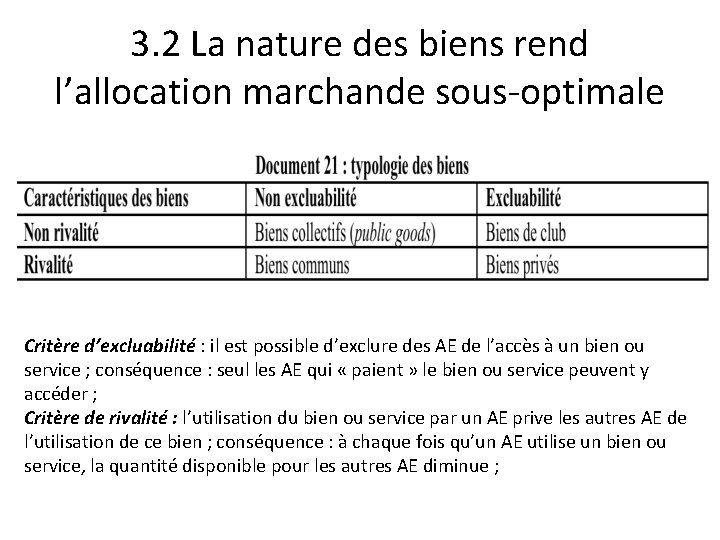 3. 2 La nature des biens rend l’allocation marchande sous-optimale Critère d’excluabilité : il 3. 2 La nature des biens rend l’allocation marchande sous-optimale Critère d’excluabilité : il