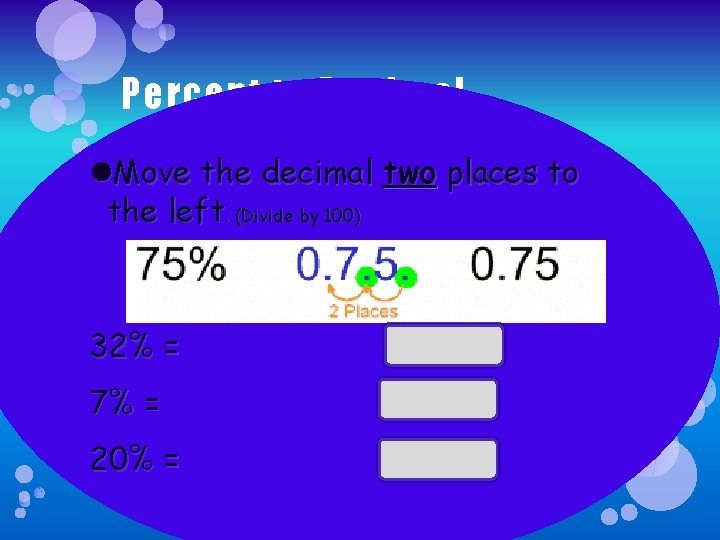 Percent to Decimal Move the decimal two places to the left. (Divide by 100)