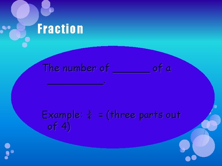 Fraction The number of ______ of a _____. Example: ¾ = (three parts out