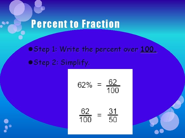 Percent to Fraction Step 1: Write the percent over 100. Step 2: Simplify. 