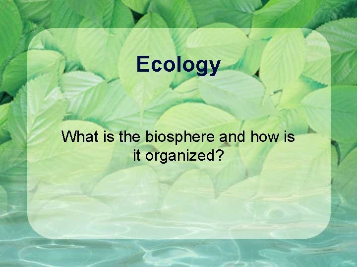 Ecology What is the biosphere and how is it organized? 