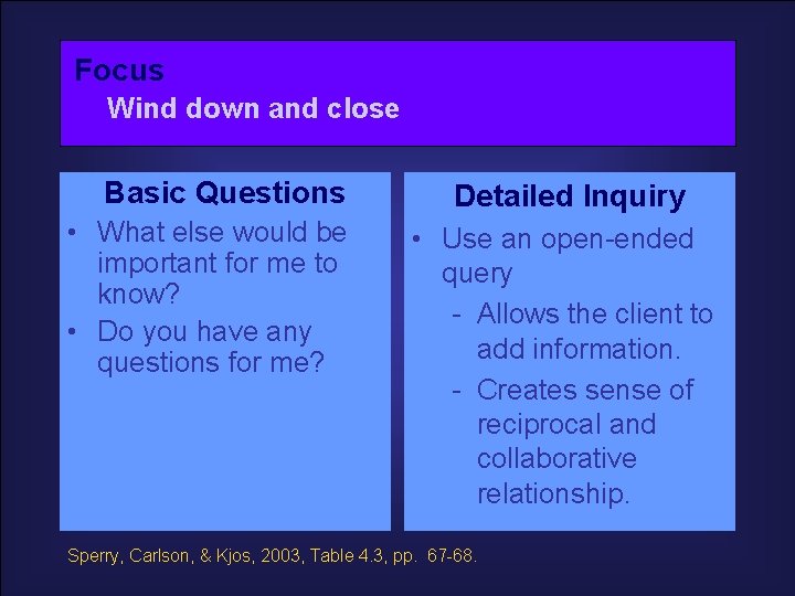 Focus Wind down and close Basic Questions • What else would be important for