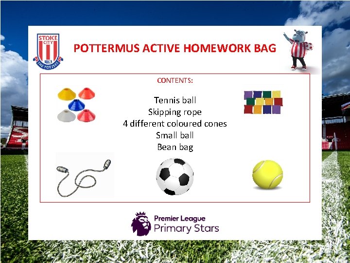 POTTERMUS ACTIVE HOMEWORK BAG CONTENTS: Tennis ball Skipping rope 4 different coloured cones Small