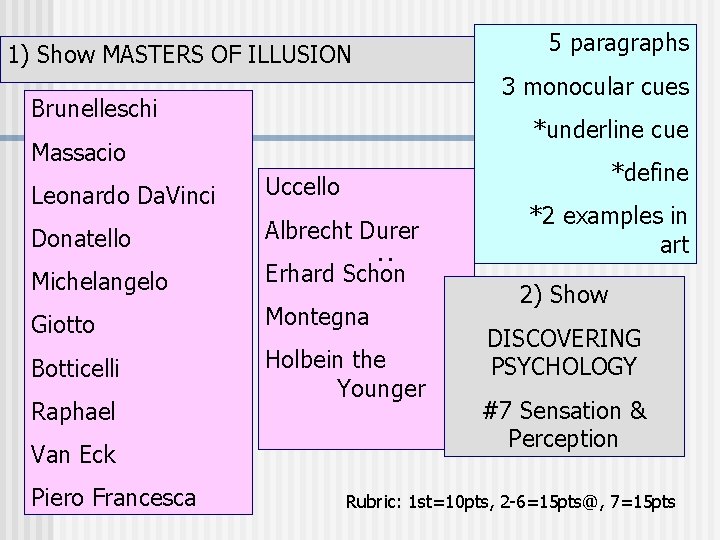 5 paragraphs 1) Show MASTERS OF ILLUSION 3 monocular cues Brunelleschi *underline cue Massacio