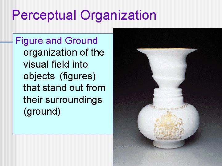 Perceptual Organization Figure and Ground organization of the visual field into objects (figures) that