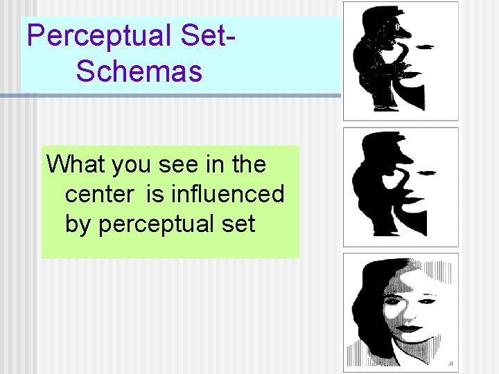 Perceptual Set. Schemas What you see in the center is influenced by perceptual set