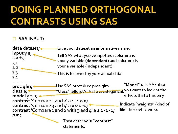 DOING PLANNED ORTHOGONAL CONTRASTS USING SAS � SAS INPUT: dataset; Give your dataset an