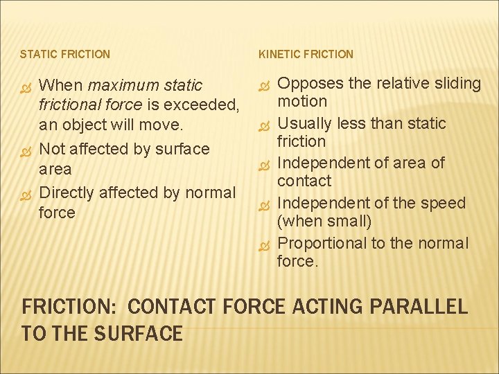 STATIC FRICTION When maximum static frictional force is exceeded, an object will move. Not