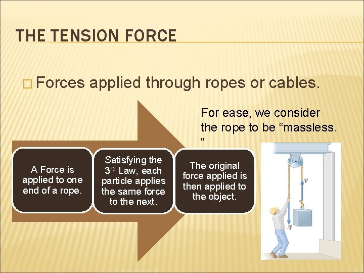 THE TENSION FORCE � Forces applied through ropes or cables. For ease, we consider