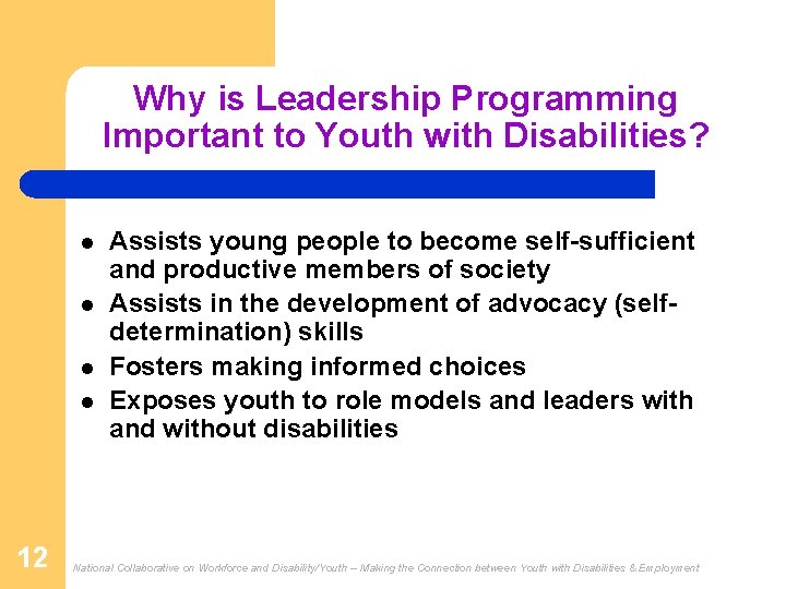 Why is Leadership Programming Important to Youth with Disabilities? l l 12 Assists young