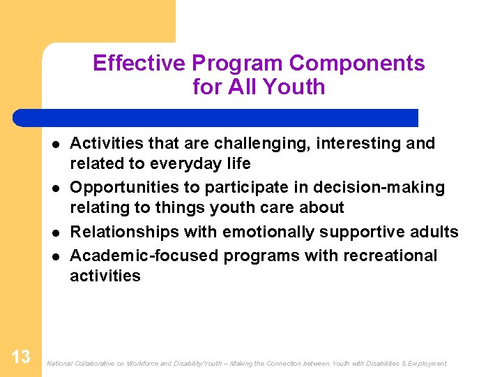 Effective Program Components for All Youth l l 13 Activities that are challenging, interesting