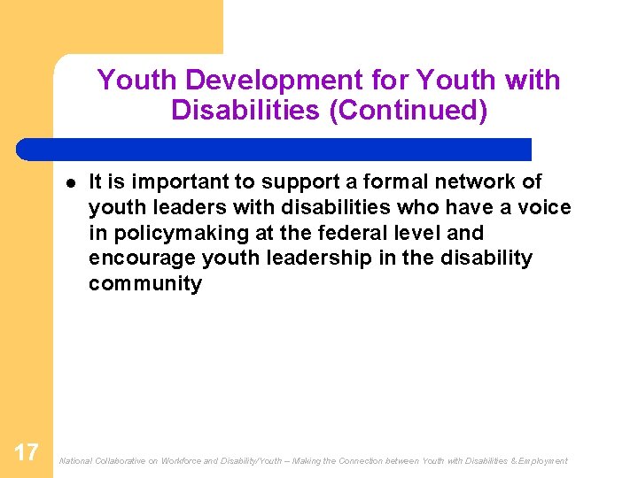 Youth Development for Youth with Disabilities (Continued) l 17 It is important to support