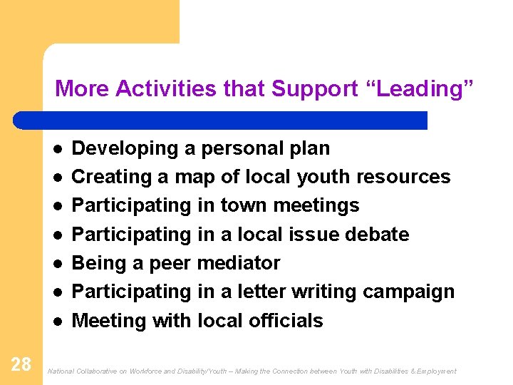 More Activities that Support “Leading” l l l l 28 Developing a personal plan