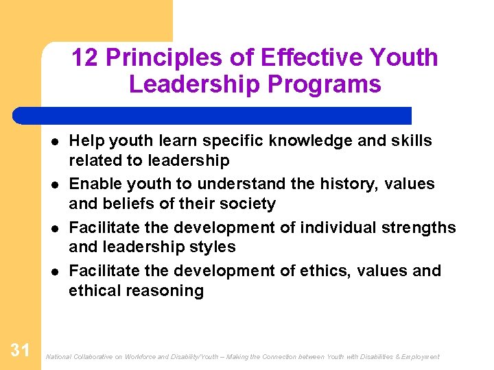 12 Principles of Effective Youth Leadership Programs l l 31 Help youth learn specific