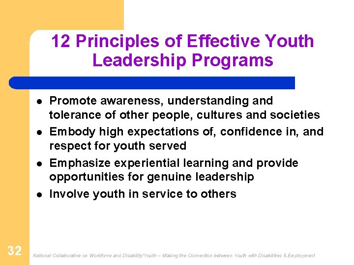 12 Principles of Effective Youth Leadership Programs l l 32 Promote awareness, understanding and