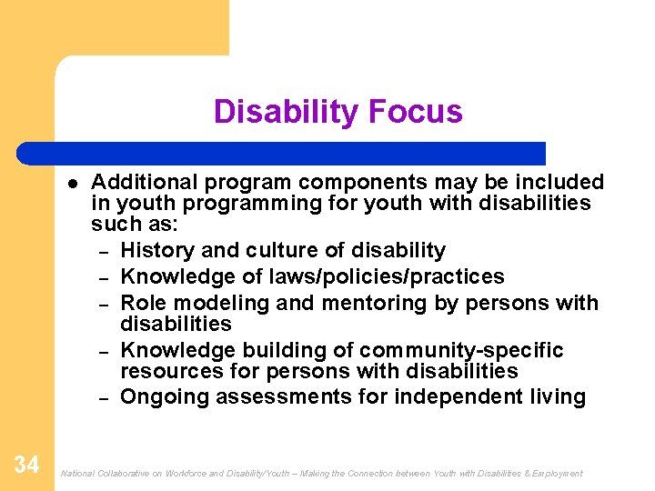 Disability Focus l 34 Additional program components may be included in youth programming for