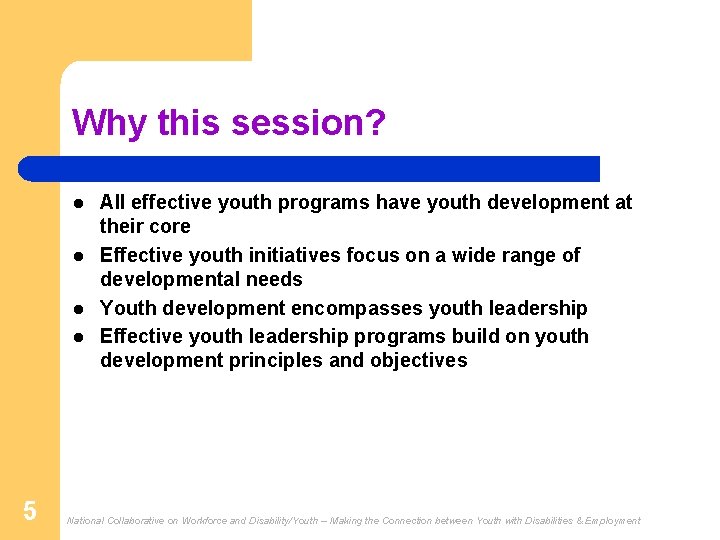Why this session? l l 5 All effective youth programs have youth development at