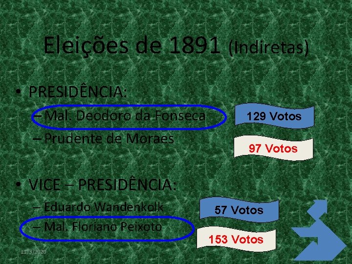 Eleições de 1891 (Indiretas) • PRESIDÊNCIA: – Mal. Deodoro da Fonseca – Prudente de