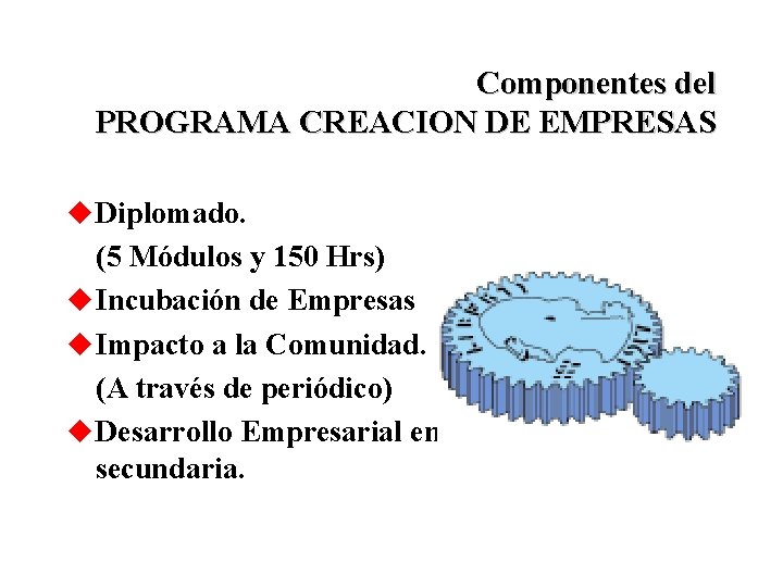 Componentes del PROGRAMA CREACION DE EMPRESAS u Diplomado. (5 Módulos y 150 Hrs) u