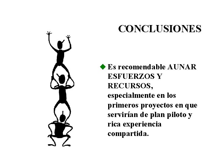 CONCLUSIONES u Es recomendable AUNAR ESFUERZOS Y RECURSOS, especialmente en los primeros proyectos en